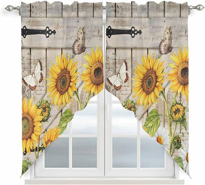 Farm Flowers Swag Valances for Windows, Retro Sunflowers Barn Doors Butterfly by Unknown