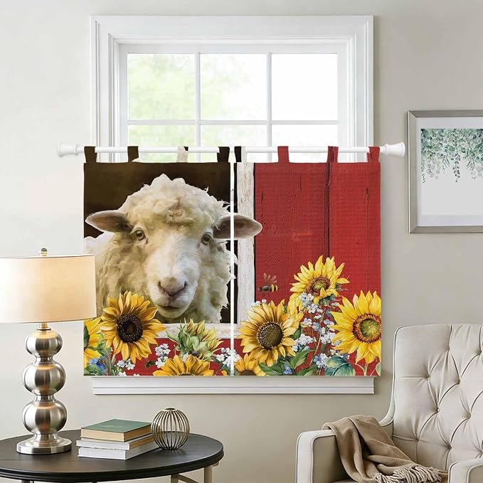 Sheep Flowers Bedroom Curtains 63 Inch Length, Window Curtains Tab Top - Image 2