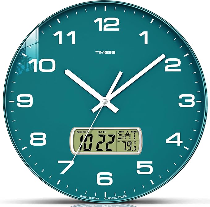 TIMESS Wall Clock, 10" Dial Non-Ticking Silent Battery Operated Analog with LCD Display for Perpetual Calendar and F° Temperature, Ideal Modern Home, Office Decor (Green)