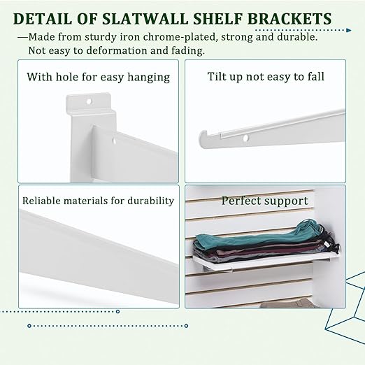 AYAYGD 10 Inch Slat Wall Knife Shelf Bracket, 10 Pack Heavy Duty Slatwall Bracket for Shelves, White Slatwall Accessories with Lip for Slat Wall Panels Shelving Display Home Commercial