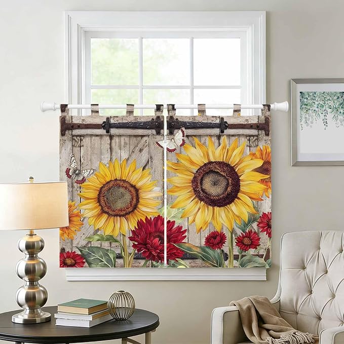 Sunflowers Kitchen Curtains 45 Inch Length, Short Cafe Window Curtains Tab Top - Image 2