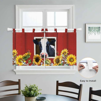 Cow Sunflowers Kitchen Curtains 24 Inch Length, Small Window Curtains Tab Top - Image 4
