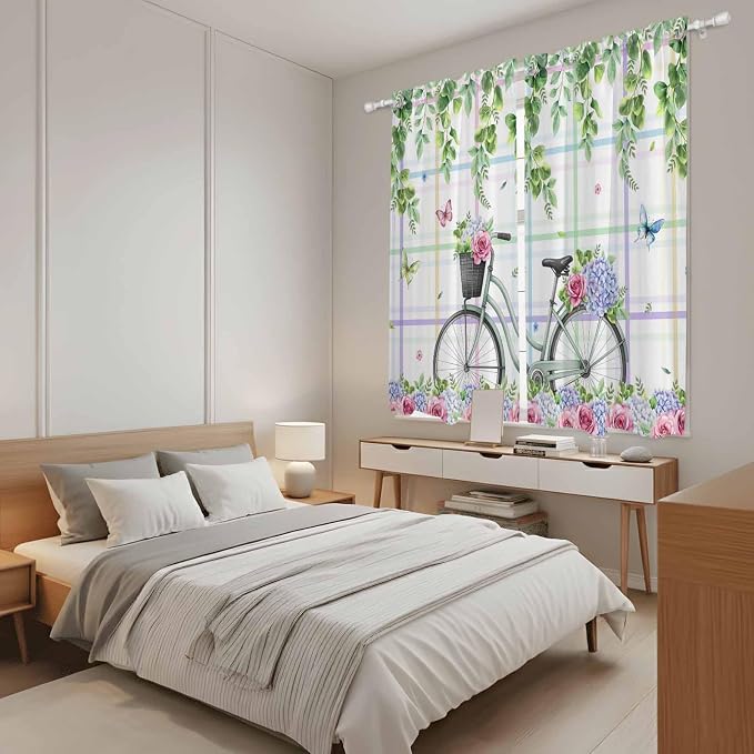 Spring Kitchen Curtains, Bicycles Botanical Leaves Rose Colorful Stripes Light - Image 4