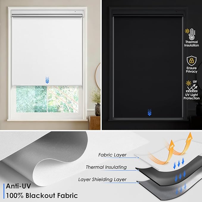 Motorized Blackout Smart Roller Blinds with Remote Control & Solar Panel - Automatic Electric Shades for Windows, Compatible with Alexa - White,35" W*72" H