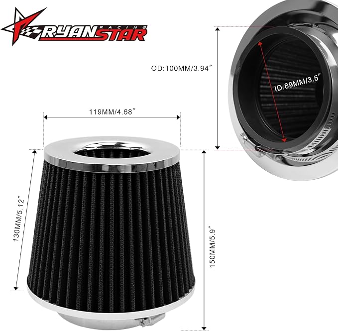 RYANSTAR 89mm 3.5" High Flow Round Tapered Cone Cool Air Filter Cleaner - Image 2