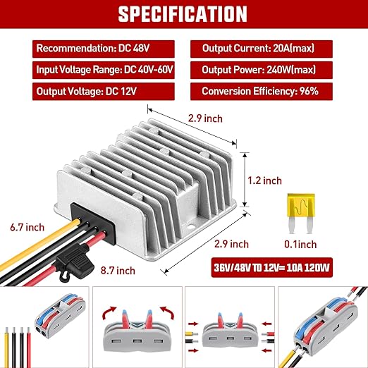 Nilight 48V to 12V Voltage Converter 240W 20A Regulator Step Down to 12VDC Waterproof DC Convert Reducer Power Supply Transformer Module for Golf Cart Scooters Trucks
