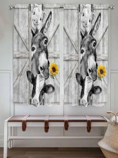 Grey Farmhouse Bedroom Curtains 63 Inches Length, Vintage Sunflowers Animals - Image 4