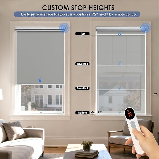 Motorized Roller Blinds with Remote Control & Solar Panel - 100% Blackout Smart Blinds, Automatic, Cordless, Electric Shades - Compatible with Alexa - Grey, 39" W x 72" H