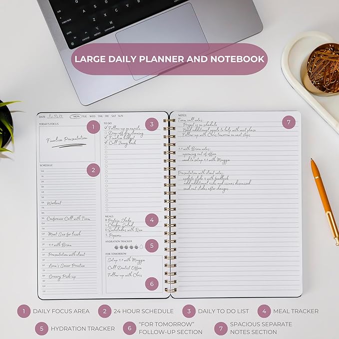 Undated Daily Planner | 8.25” x 11.75” To Do List Notebook | Work Productivity ADHD Organizer | Men and Women Planner | College Supplies | Pink | Portrait Layout