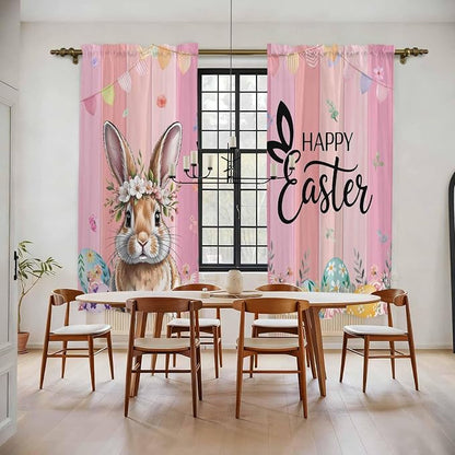 Easter Kitchen Curtains, Spring Rabbit Eggs Flowers Flags Leaves Wood Grain - Image 2