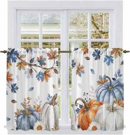 Navy Blue Pumpkin Fall Kitchen Curtains 45 Inch Long 2 Panel Set, Rod Pocket - Image 2