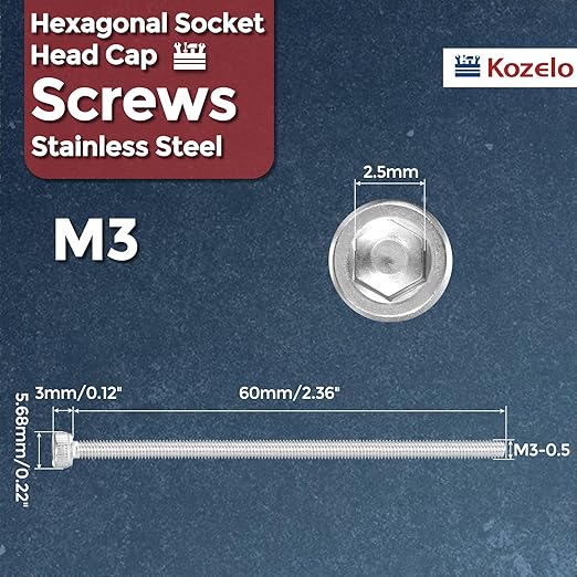 Kozelo 50pcs Socket Head Cap Screws - [M3-0.5 x 60mm] 304 Stainless Steel Allen Socket Drive for Electrical Motor 3D Printing Fan Engine Replacement Use, Silver