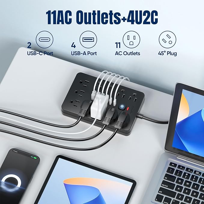 JouleLoom 6 FT Flat Plug Surge Protector Power Strip,11 Multiple AC Outlets with 6 USB Ports (2 USB C), 6 Feet Extension Cord, 1250W/10A, One Touch Switch Button, 17 in 1 Compact powerstrip