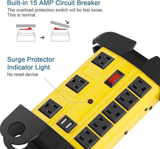 CCCEI Heavy Duty Power Strip with USB, Workshop 8 Outlet Surge Protector 2700 Joules, Industrial Metal 15Amp Power Strip, 20 FT Extension Cord and Wide Spaced Yellow.