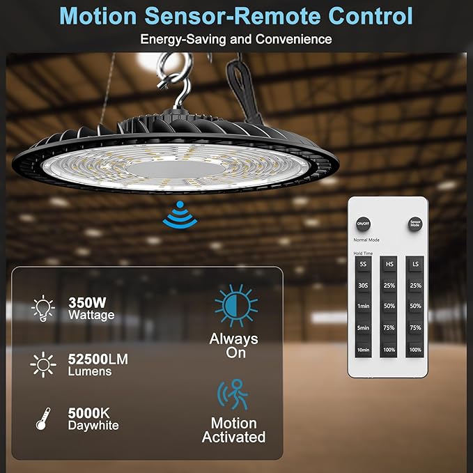 Lightdot 350W LED High Bay Light 52500lm High Bay LED Shop Lights with Smart Control (Supports Normal Mode & Motion Mode) ETL-Listed Plug and Play for 20-40FT Height Warehouse-6Yrs Warranty-4Pack