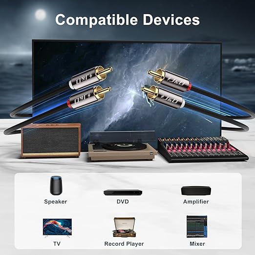 J&D 2 RCA M/M Stereo Audio Cable, Gold-Plated 2RCA Male to 2RCA Male Copper Shell Auxiliary Audio Cord for Home Theater HDTV Amplifiers Hi-Fi Systems Speakers, RCA Audio Cables, 4 Feet