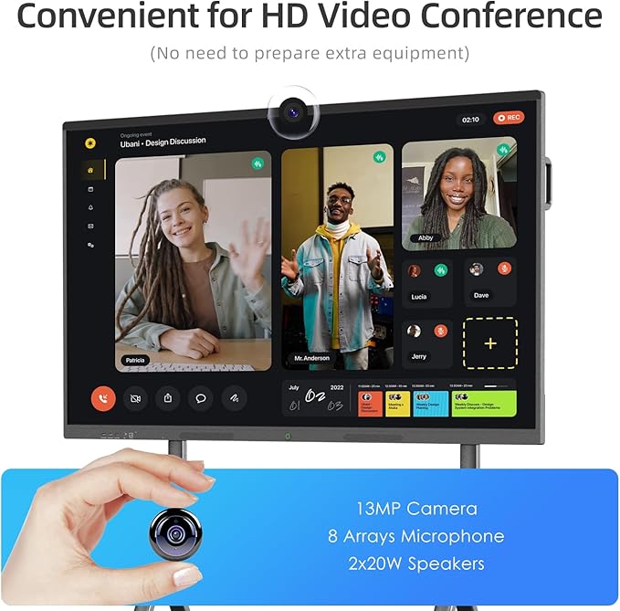 QIXZOCV 75" Smart Board for Business, Large Interactive Whiteboard with Multi-Touch, 4K Electronic Board with Screen Sharing, Bluetooth/WiFi/HDMI, Camera & Mic, Android 13,8+128G (Wall Mount Included)