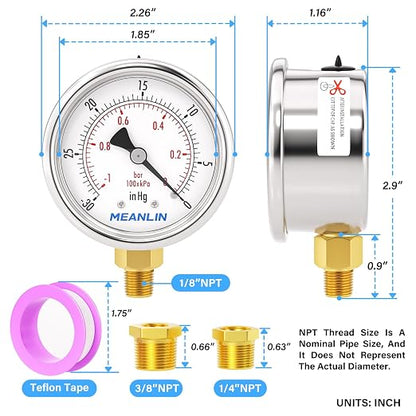 MEANLIN MEASURE -30inHG~0Psi Vacuum Gauge Stainless Steel 1/8" NPT 2" FACE DIAL - Image 2