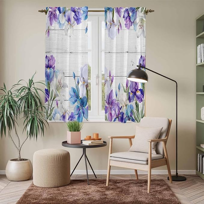 Spring Flowers Kitchen Curtains, Watercolor Garden Florals Wooden Grain Light - Image 7