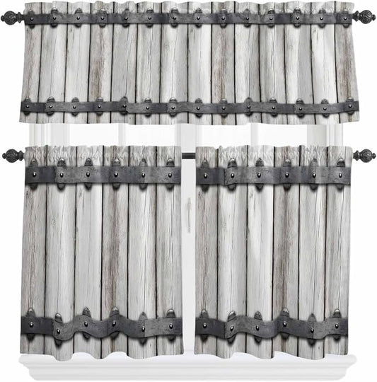 Farmhouse Rustic Kitchen Curtain Set, Vintage Country Wooden Grain Window by Unknown