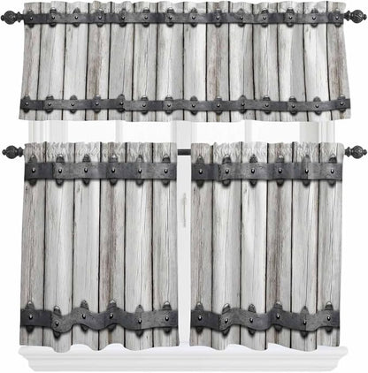 Farmhouse Rustic Kitchen Curtain Set, Vintage Country Wooden Grain Window by Unknown