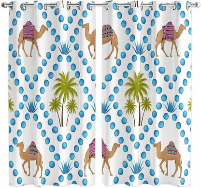 2 Panel Kitchen Cafe Curtains, Camels Palm Trees Sunlight Filtering Nature Air by Hokiten