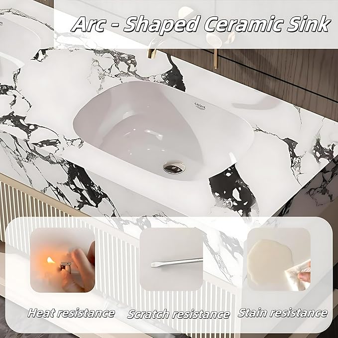 Fashionable Bathroom Vanity with Sink, Smart One-Click Defogging & LED Light, Bathroom Sink and Cabinet with Wave Striped Panel, Rockslab Countertop (Mirror, 60IN)
