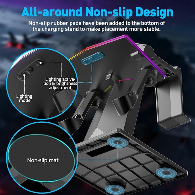 Charging Dock for Meta Quest 3S, Quest 3, 2 or Pro，RGB Charging Vertical Stand，Accessories with Brightness Adjustment and 14 Light Effects Adjustment, Type-C Charging Port