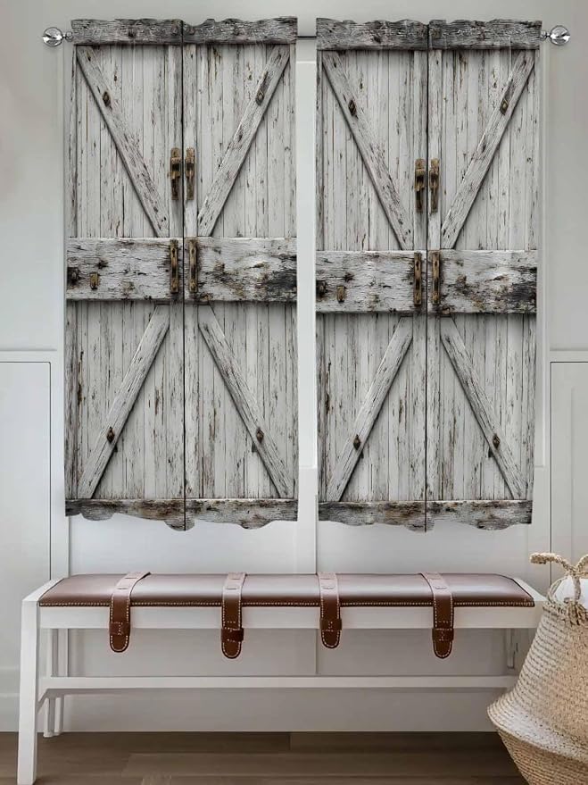 Vintage Gate Bedroom Curtains 63 Inches length, Farmhouse Wooden Grain Shabby - Image 4
