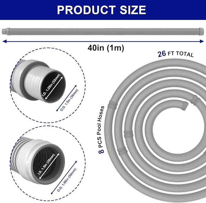 Poolvio Professional Swimming Pool Vacuum Cleaner Hose -1.5” 8 Piece Hoses - Image 4