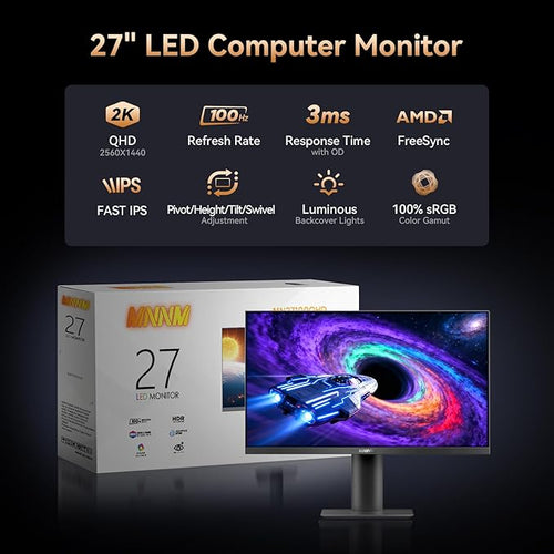 27 Inch Computer Monitor - Fast IPS 2K QHD 2560 x 1440 Desktop Monitor 100Hz FreeSync 100% sRGB TÜV Eye Care PC Gaming Screen Support Vesa Height/Tilt/Swivel/Pivot for Office Work (HDMI 2.0 & DP1.4)