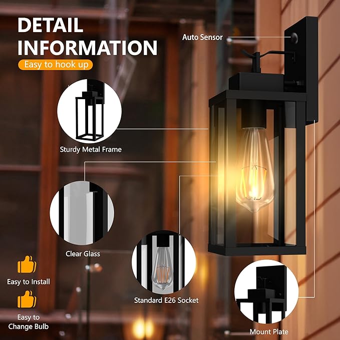 Kainozoic Motion Sensor Dawn to Dusk Outdoor Sensor Light Fixture Anti-Rust Exterior Wall Lighting Waterproof Outdoor Wall Lantern for Porch Patio Front Door Garage - 2 Pack