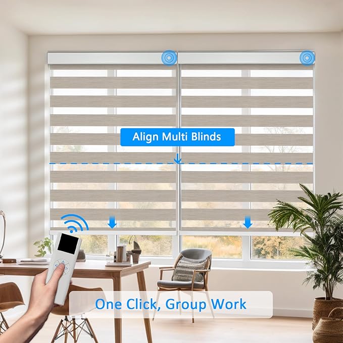 COOLWINDS Motorized Zebra Blinds for Windows Cordless Electric Curtains with Remote Control Blackout Shades Custom Smart Blinds Compatible with Alexa Google Home(Roomdarking Caramel,W53 X 72in)