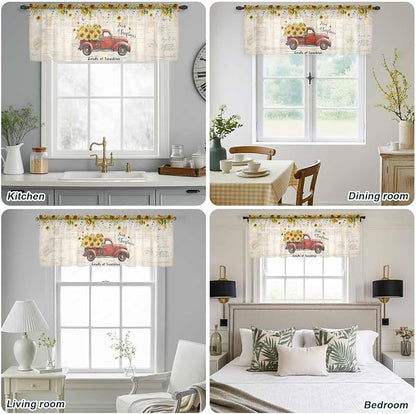 Farmhouses Sunflowers Sheer Valance Curtains, Retro Floral Leaves Red Truck - Image 9