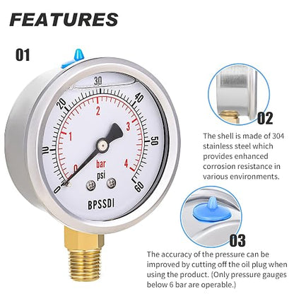 0-60 Psi Glycerin Liquid Filled Low Pressure Gauge, 2.5" Dial Size, 1/4" NPT - Image 4