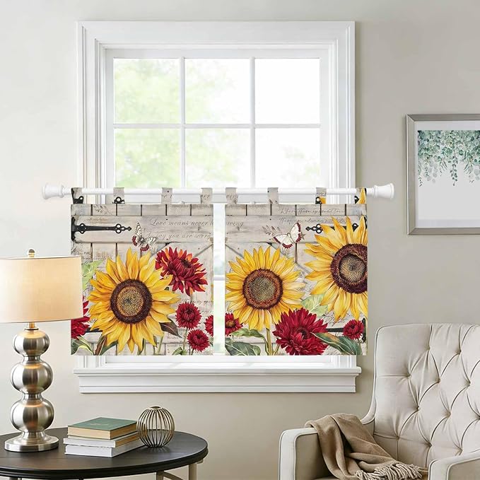 Red Yellow Sunflowers Kitchen Curtains 24 Inch Length, Small Window Curtains - Image 2