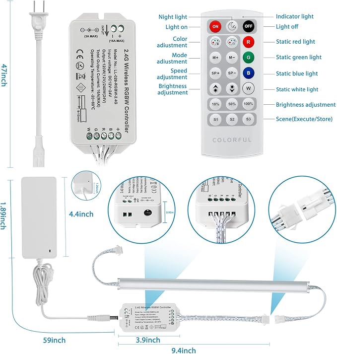 Under Cabinet LED Lights Kit. RGB Color Changing & Super Bright White Lighting. Dimmable with Remote. 6 pcs Linkable LED Light Strips with Power Supply, Extension Cords. Plug in. Max 24W. RGB + 5000K.