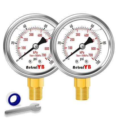 Glycerin-Filled Pressure Gauge, Brass Internal 2-Inch Gauge, Stainless Steel by Unknown