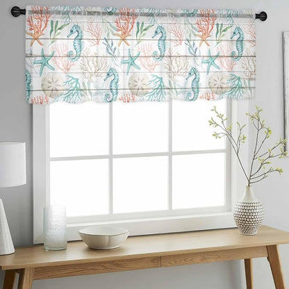 Teal Seahorse Starfish Sheer Valance Curtains, Summer Beach Coral Shell Board - Image 3