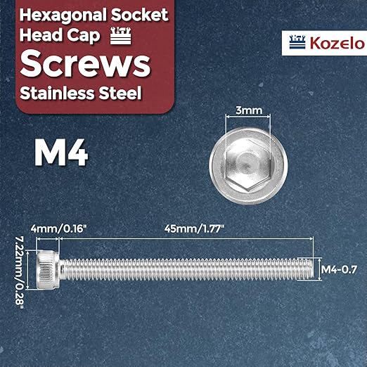 Kozelo 50pcs Socket Head Cap Screws - [M4-0.7 x 45mm] 304 Stainless Steel Allen Socket Drive for Electrical Motor 3D Printing Fan Engine Replacement Use, Silver