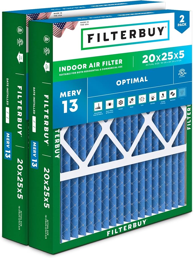 Filterbuy 20x25x5 Air Filter MERV 13 Optimal Smoke & Allergy Defense, Pleated by Filterbuy