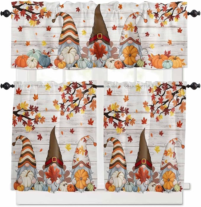 Fall Gnomes Kitchen Curtain Set, Thanksgiving Maple Leaf Grey Wood Grain Window by Unknown