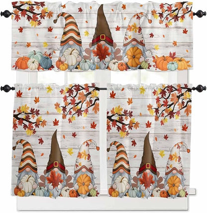 Fall Gnomes Kitchen Curtain Set, Thanksgiving Maple Leaf Grey Wood Grain Window by Unknown