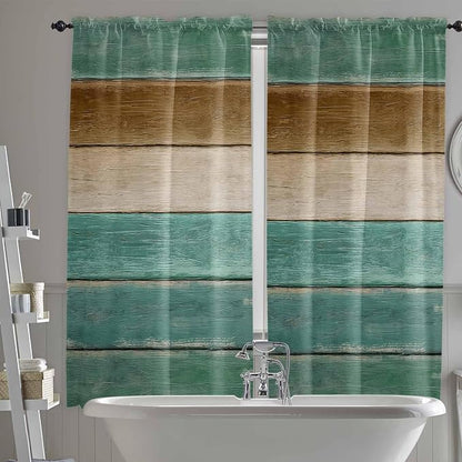 Vintage Plank Turquoise Brown Window Valance Curtains, Farmhouse Wood Grain by IDOWMAT