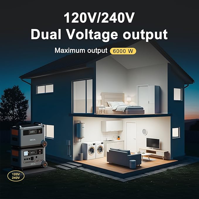 OSCAL PowerMax 6000 Solar Generator with 2x200W Solar Panel, 120V/240V 3600Wh Power Station 6000W AC Outlets (9000W Peak), 2200W AC Charging/2400W Solar Charging, Emergency for Home, Battery Backup