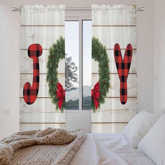 Christmas Wreaths Window Curtains 72 Inch Long 2 Panel Set, Rod Pocket Long - Image 4