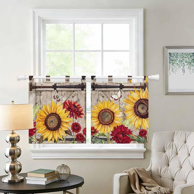Sunflowers Kitchen Curtains 24 Inch Length, Small Window Curtains Tab Top - Image 2
