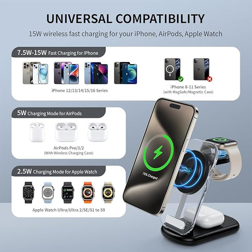 2026 Traveling Wireless Mag-Safe Fast Charging Station,Magnetic 3 in 1 Charger with Light for iPhone 17 16 15 14 13 12 Pro Max Plus,Apple Watch & Air pods 4 3 2 Pro-Gifts for Wife & Husband(Black)