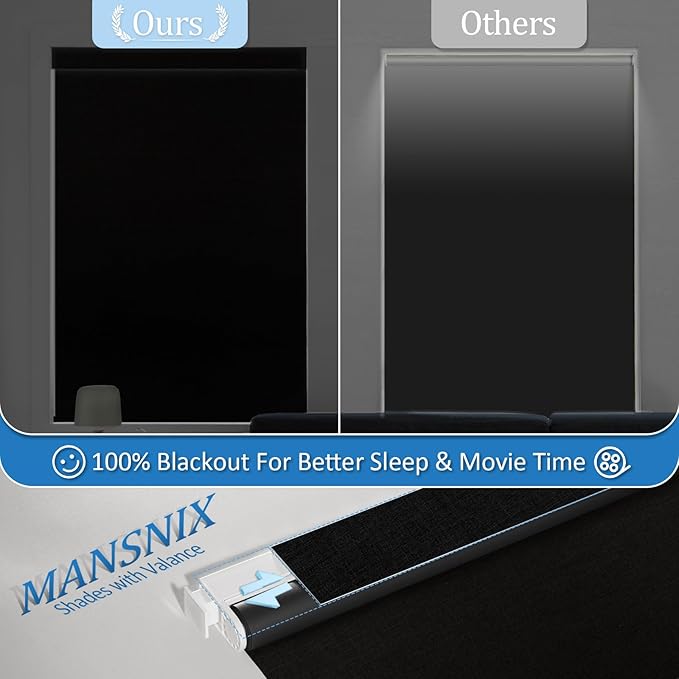 MANSNIX Smart Motorized Blinds with Remote, Cordless No-Drill Automatic Roller Shades, Blackout Electric Blind for Windows, Black, 35 x 72