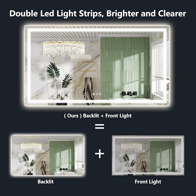 YEELAIT 60x38 Inch LED Bathroom Mirror with Lights Front and Backlit Lighted Vanity Mirror for Bathroom Wall with 3 Colors Dimmable Anti-Fog Memory Shatter-Proof IP54 Waterproof Horizontal/Vertical